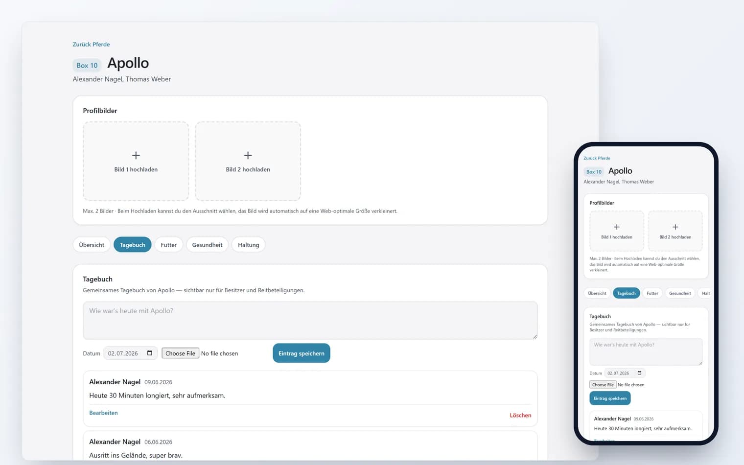 Pferdetagebuch-App: gemeinsames Tagebuch eines Pferdes in Stablr mit Einträgen zu Training und Ausritten, sichtbar nur für Besitzer und Reitbeteiligungen