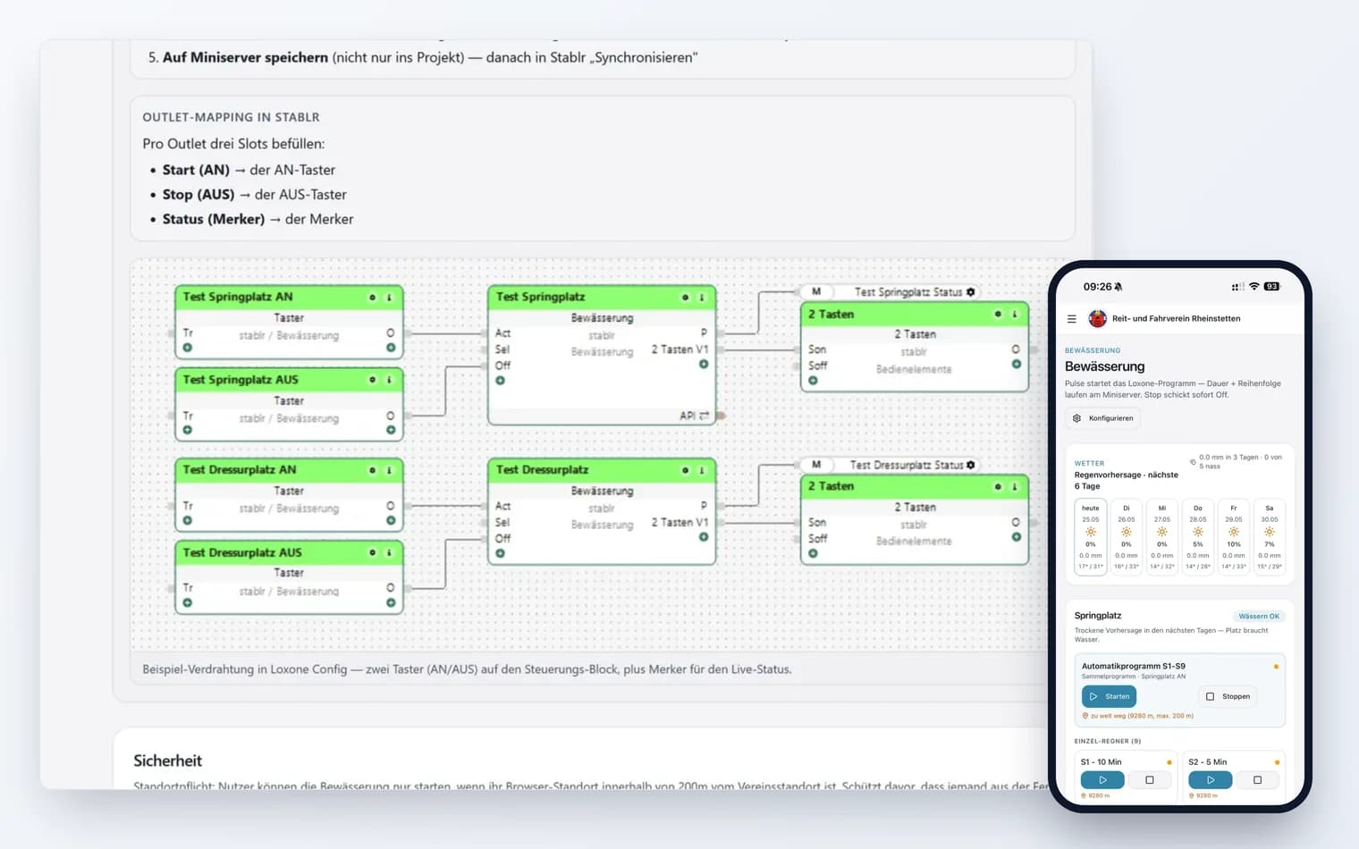 Reitplatz-Bewässerung automatisieren: Loxone-Verdrahtung mit AN/AUS-Tastern in Stablr dokumentiert, daneben die mobile Steuerung mit Regenvorhersage und Regner-Programmen