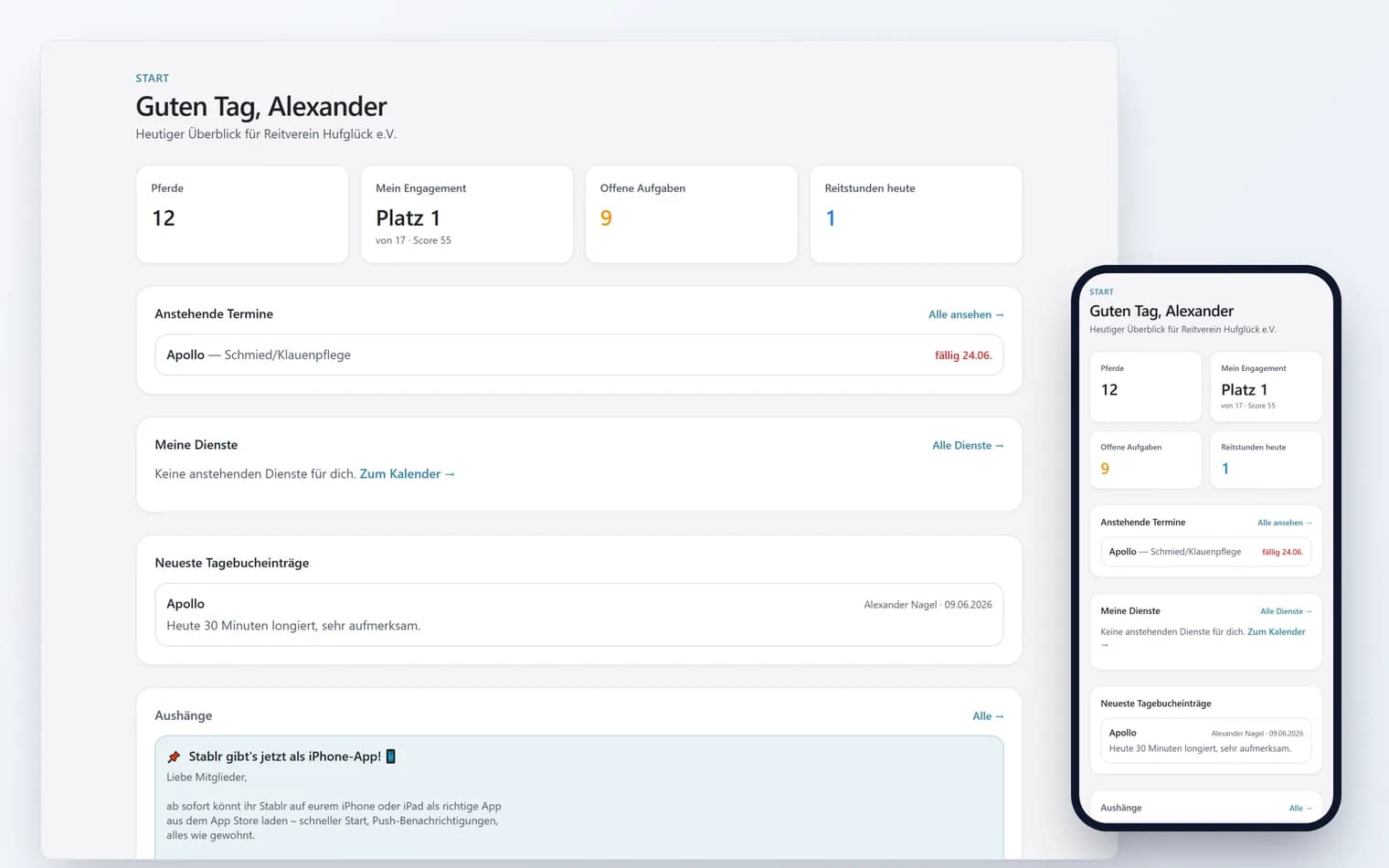 Vereins-App für den Reitverein: Stablr-Dashboard mit Terminen, Diensten, Tagebucheinträgen und Aushängen, daneben die mobile Ansicht auf dem iPhone