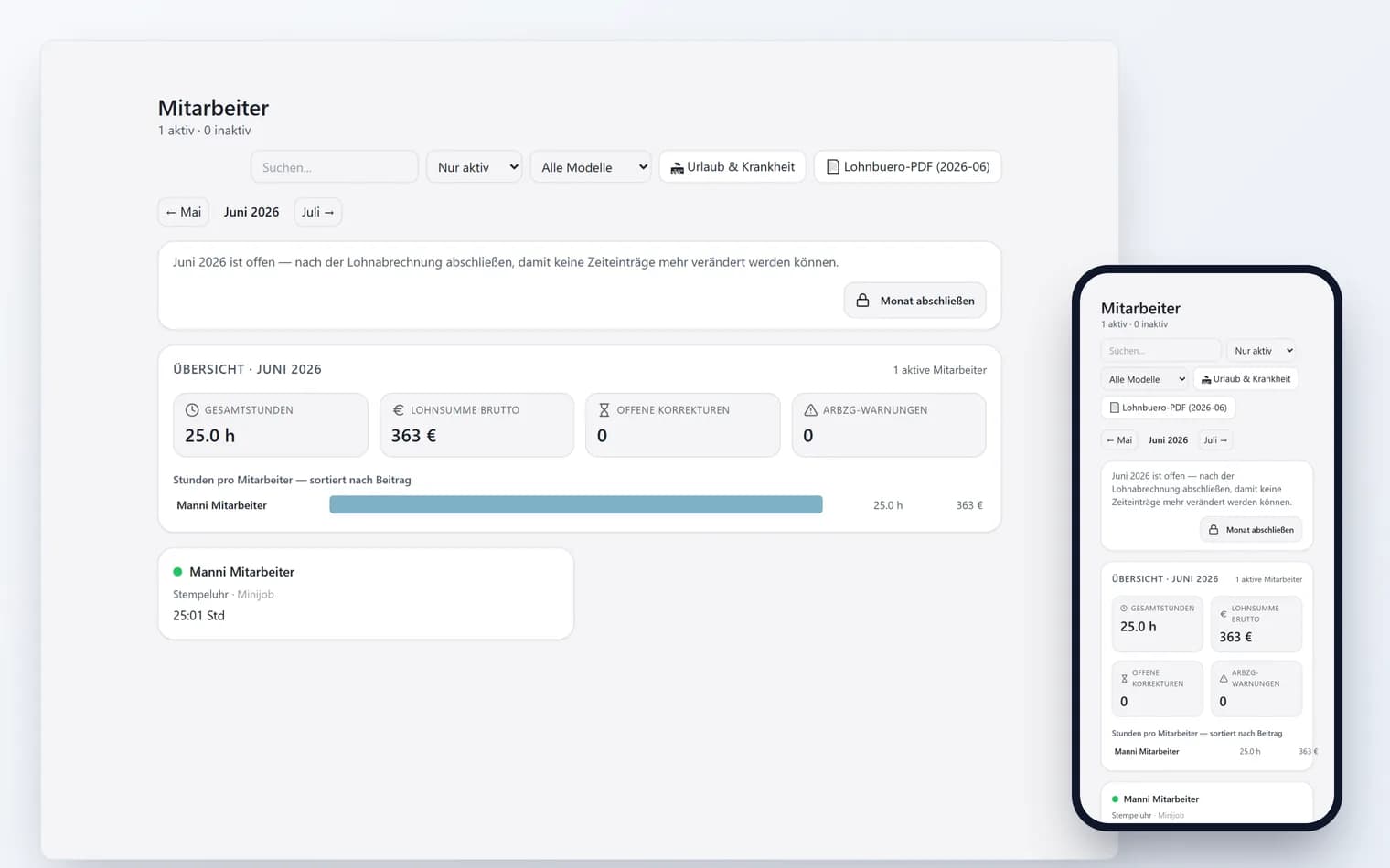 Zeiterfassung für Stallpersonal in der Vereinssoftware Stablr: Monatsübersicht mit Gesamtstunden, Lohnsumme und Monatsabschluss, daneben die mobile Stempeluhr-Ansicht