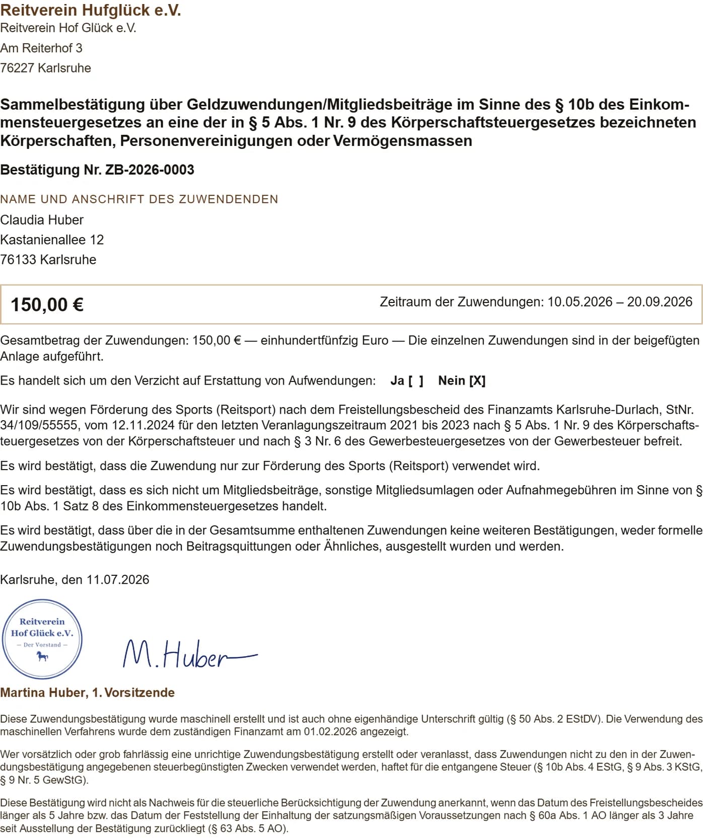 Fertige Zuwendungsbestätigung als PDF im Viewer, mit Vereinsbriefkopf, Betrag, Freistellungsbescheid-Angaben und eingescannter Unterschrift