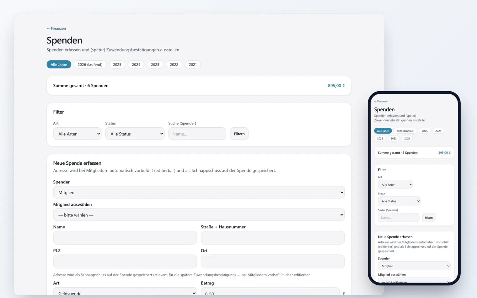Spenden-Seite in Stablr mit Jahresübersicht, Filter, Formular für neue Spenden und Liste ausgestellter Zuwendungsbestätigungen